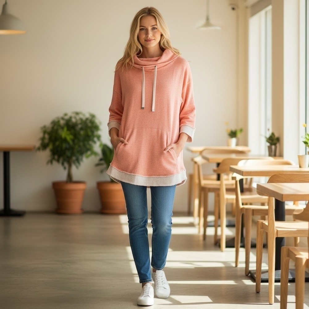 Soft Surroundings Coral Marl Cowl Neck Pullover Top Kangaroo Pocket Medium